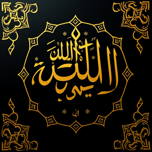 create a high-resolution image of Islamic calligraphy featuring the phrase "Allah Akbar" with elegant golden letters on a black background, incorporating intricate geometric patterns in gold, captured with a DSLR camera at f/1.8, ISO 100, 50mm lens, top-down view, using portrait mode for depth enhancement