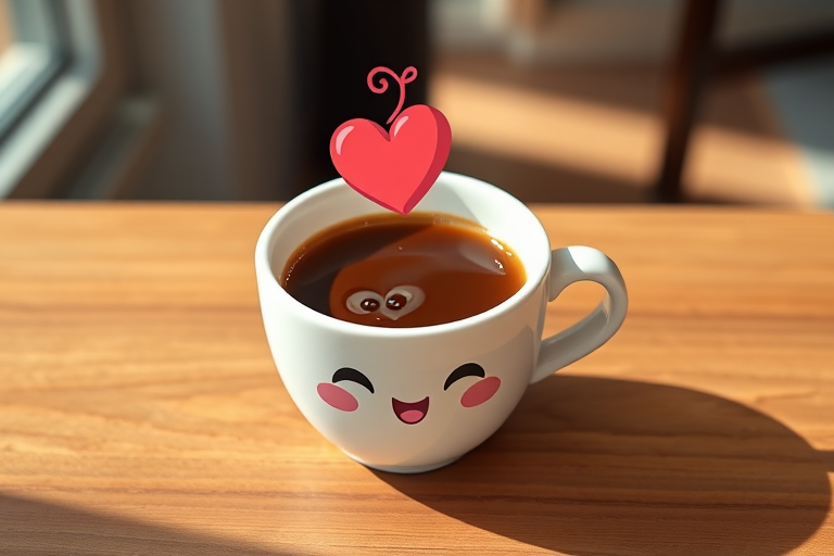 Generate a high-resolution image of a cute cartoon style coffee cup with a heart hovering above it, using a Canon EOS R5 camera, ISO 100, f/2.8 aperture, 50mm lens, soft natural lighting, and a slight overhead view for added depth.