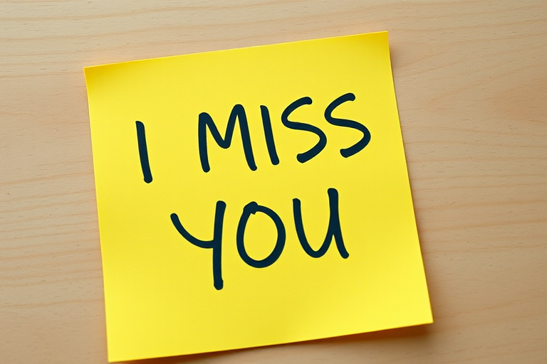 Create an image of a bright yellow sticky note with the text "I MISS YOU" written in bold, playful letters, captured with a Canon EOS R5, 50mm lens, f/1.8 aperture, ISO 100, natural lighting, and a slight top-down angle for a clean and vibrant look.