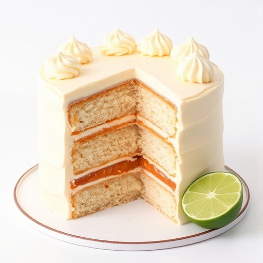 A beautifully layered vanilla cake with creamy white frosting and subtle caramel layers, showcasing a slice that reveals its moist texture and fluffy interior, accompanied by a fresh lime on the side, set against a simple white background.