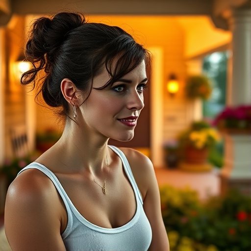 A photo of Jessica Chastain with a background of a cozy porch. She has dark hair pulled back in an updo, with tendrils framing her face. She wears a white tank top and sits on the porch. The porch is part of a well-lit home with a warm, earthy tone and colorful flowers and foliage. The overall scene has a warm, welcoming, and comfortable ambiance.