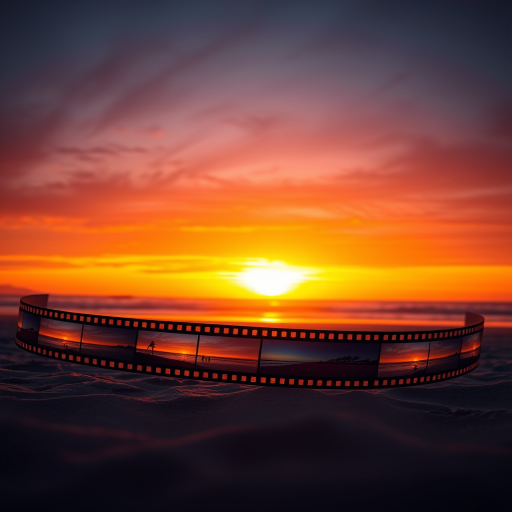 Create a vibrant sunset scene featuring a series of beach photographs displayed in a curved film strip format with a warm orange sky, using a DSLR camera with a 50mm lens, aperture f/2.8, ISO 100, shot from a low angle to enhance depth and focus on the images, in landscape orientation.