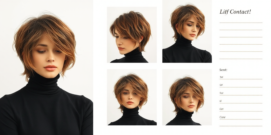 Contact sheet with 4 images of a woman with a messy short bob cut wearing a black turtleneck