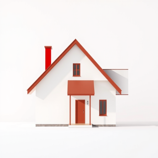 Create a minimalist illustration of a house with a sloped roof, a red chimney, and a smooth surface, using a wide-angle lens at f/8, ISO 100, with a depth of field to enhance the clarity, captured with a digital camera in a bright, evenly lit setting.