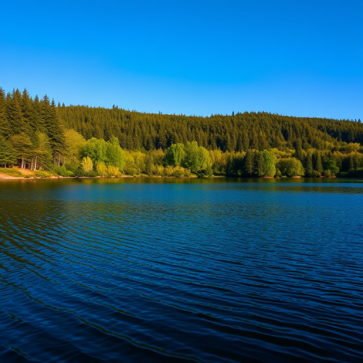 Create a high-resolution image of a serene landscape featuring a tranquil lake surrounded by lush green forests under a clear blue sky, captured with a Canon EOS R5, 24-70mm f/2.8 lens, settings at f/11, ISO 100, shutter speed 1/125s, wide-angle view for an expansive perspective.