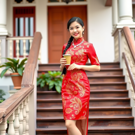 Chinese girl with a sweet smile wearing a red shivalai Thai dress, diamond jewelry, braided hair, holding a cup of hot coffee, wearing white high heels, standing on the stairs, Thai style house.