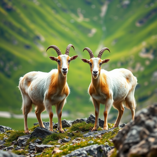 generate a high-resolution image of two mountain goats standing on rocky terrain with a lush green valley in the background captured with a Canon EOS R5, 50mm lens, f/2.8 aperture, ISO 100, with a soft focus on the goats and a sharp background for depth.