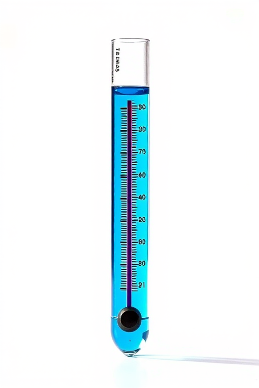 Create an image of a thermometer with a blue liquid in a clear tube against a white background, using a Canon EOS 90D with a 50mm f/1.8 lens, aperture set to f/2.8, ISO 200, and natural lighting to enhance clarity and vibrancy.