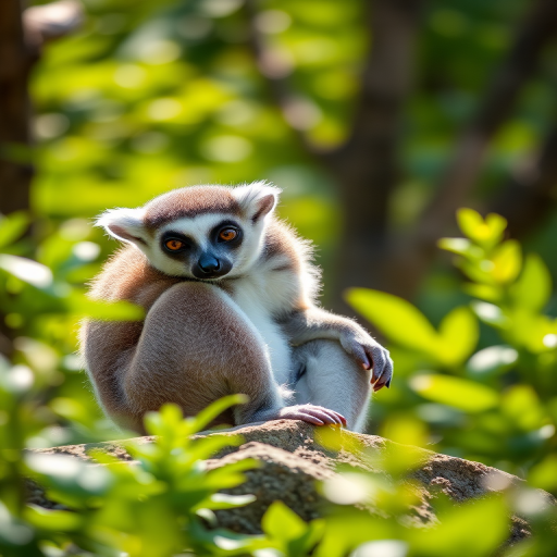 Capture a close-up of a lemur sitting on a rock surrounded by lush greenery, natural light enhancing details, shallow depth of field with a bokeh effect, DSLR camera, 50mm lens at f/1.8, ISO 200, 1/200s shutter speed.
