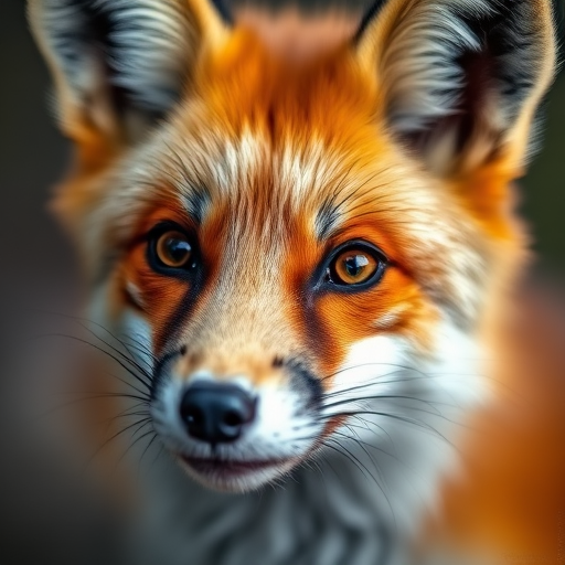 Regenerate a close-up portrait of a fox with vibrant orange fur and expressive eyes, aperture f/2.8, shutter speed 1/200s, ISO 100, taken with a DSLR camera, using a soft focus lens to enhance texture and detail.