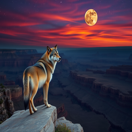 A majestic wolf standing on a rocky ledge overlooking a vast canyon at sunset, with a colorful sky filled with stars and a large moon, captured with a DSLR camera, 50mm lens, f/1.8 aperture, ISO 100, and a long exposure to enhance detail and vibrance.