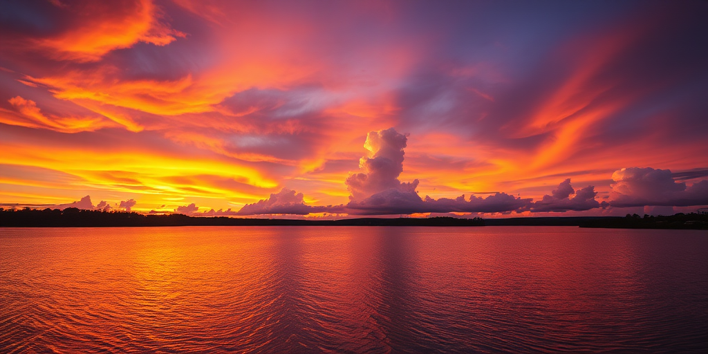 Generate a vibrant sunset landscape with dramatic clouds reflecting orange and purple hues over a tranquil lake, captured with a Canon EOS 5D Mark IV at f/8, 1/125 sec, ISO 100, in landscape orientation using a wide-angle lens.