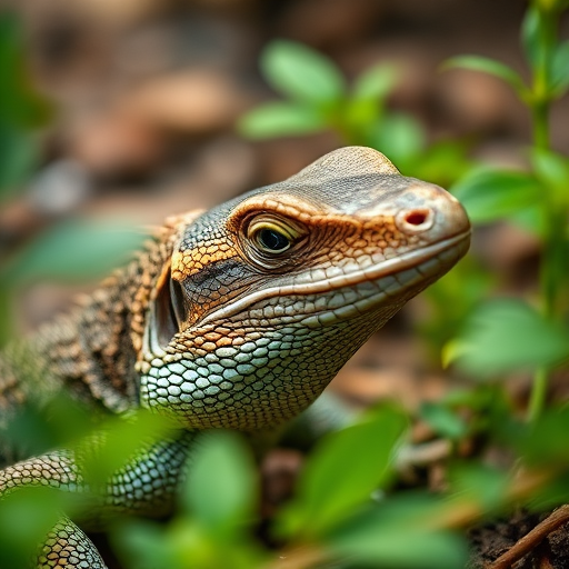 capture a close-up of a monitor lizard in its natural habitat with a shallow depth of field, using a DSLR camera with a 50mm lens at f/2.8, ISO 200, and a shutter speed of 1/250 sec, focusing on the texture of the lizard's skin and the surrounding foliage for enhanced detail and clarity