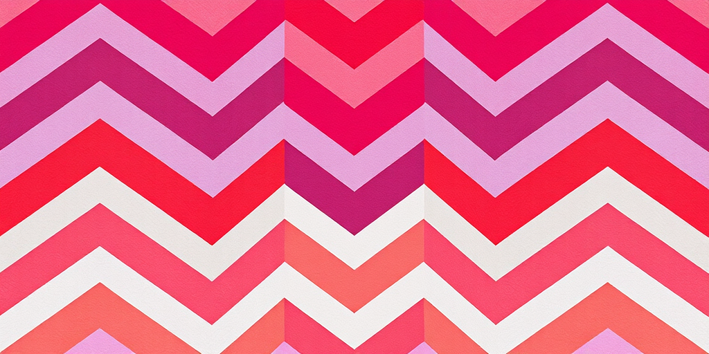 Generate a vibrant chevron pattern with alternating shades of pink, red, purple, and beige in a symmetrical design, captured with a Canon EOS R5, 50mm lens, f/8 aperture, ISO 100, using top-down view for clarity and smooth lighting to enhance color saturation and detail.