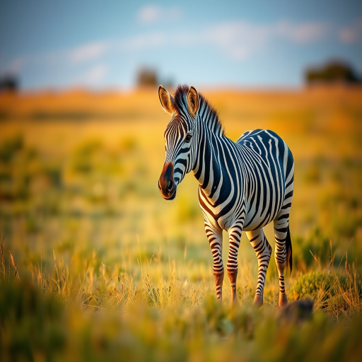 Zebra standing in a grassy landscape at golden hour, shallow depth of field, aperture f/2.8, ISO 400, shutter speed 1/500s, 85mm lens, DSLR camera with macro settings, natural lighting.