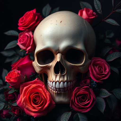 Generate a highly detailed and vibrant digital artwork of a skull surrounded by colorful roses and dark leaves, with a dramatic dark background, using a Canon EOS R5 camera with a 50mm f/1.2 lens, at ISO 100, aperture f/2.8, and a soft focus style to enhance depth and richness in color.