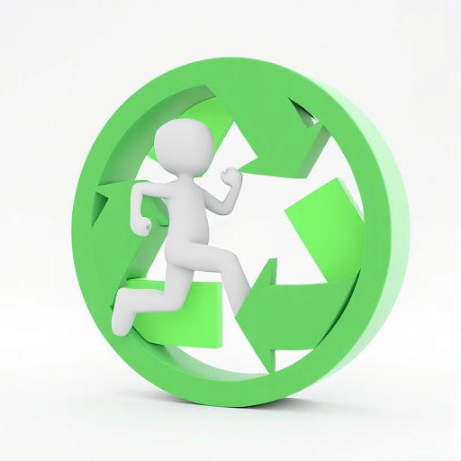Create a high-resolution 3D render of a white stick figure running inside a circular green recycling symbol, using a DSLR camera with a 50mm lens, aperture set to f/2.8, shutter speed 1/250s, ISO 100, in a soft focus style to enhance the image quality.