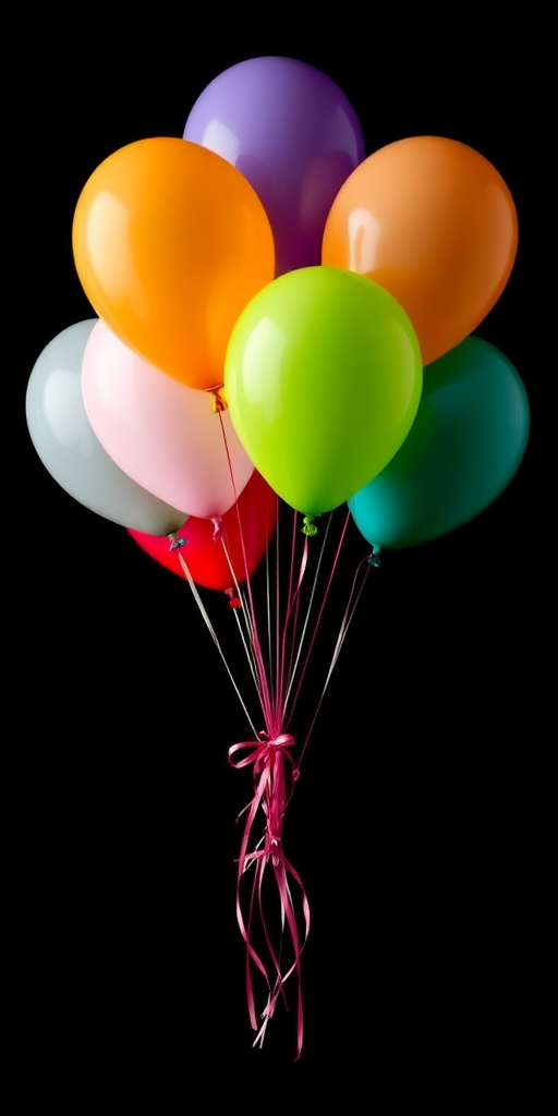colorful balloons tied together floating against a black background, DSLR camera, aperture f/2.8, shutter speed 1/200s, ISO 100, 50mm lens, soft diffused lighting, high depth of field