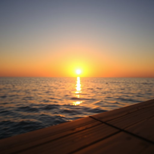 sunset over a calm ocean with reflections on water, focus on foreground with wooden texture, golden hour, shot with a DSLR camera at f/11 aperture, 1/125 shutter speed, ISO 100, wide-angle view, warm color palette