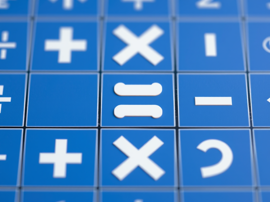 Create a high-resolution image of a blue and white mathematical operations symbol grid featuring plus, minus, multiply, and divide signs, captured with a Canon EOS 5D Mark IV, 50mm lens, aperture f/2.8, ISO 100, in a well-lit studio environment with a shallow depth of field.