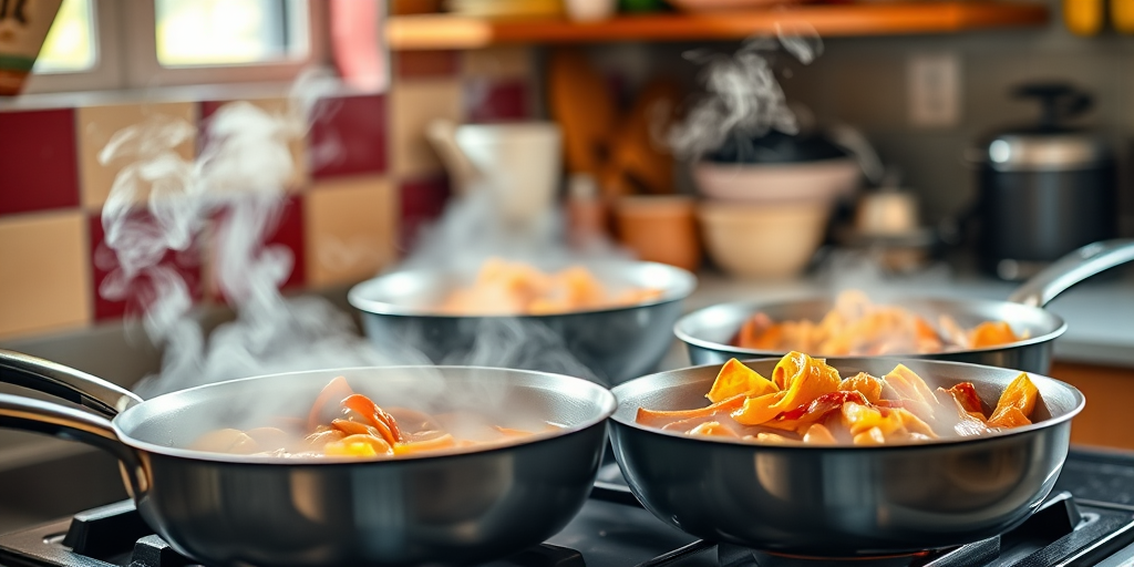 Capture a vibrant kitchen scene with steaming pans cooking a colorful stir-fry, using a Canon EOS R5, 50mm lens, f/1.8 aperture, ISO 400, 1/100s shutter speed, soft natural lighting, and a shallow depth of field to focus on the pans while creating a warm, inviting atmosphere.