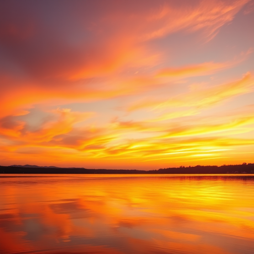 Create a high-resolution image of a tranquil sunset over a calm lake with vibrant orange and pink hues in the sky, incorporating a wide-angle lens at f/11 aperture, ISO 100, and a 1/60 sec shutter speed to capture the details and reflections in the water, using a digital mirrorless camera.