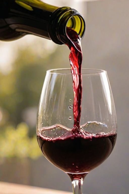 Sharp, detailed close-up of a glass of red wine being poured, soft sunlight reflecting off the liquid, tiny bubbles forming in the glass, the smell of oak and grapes lingering in the air, and a sense of elegance captured.