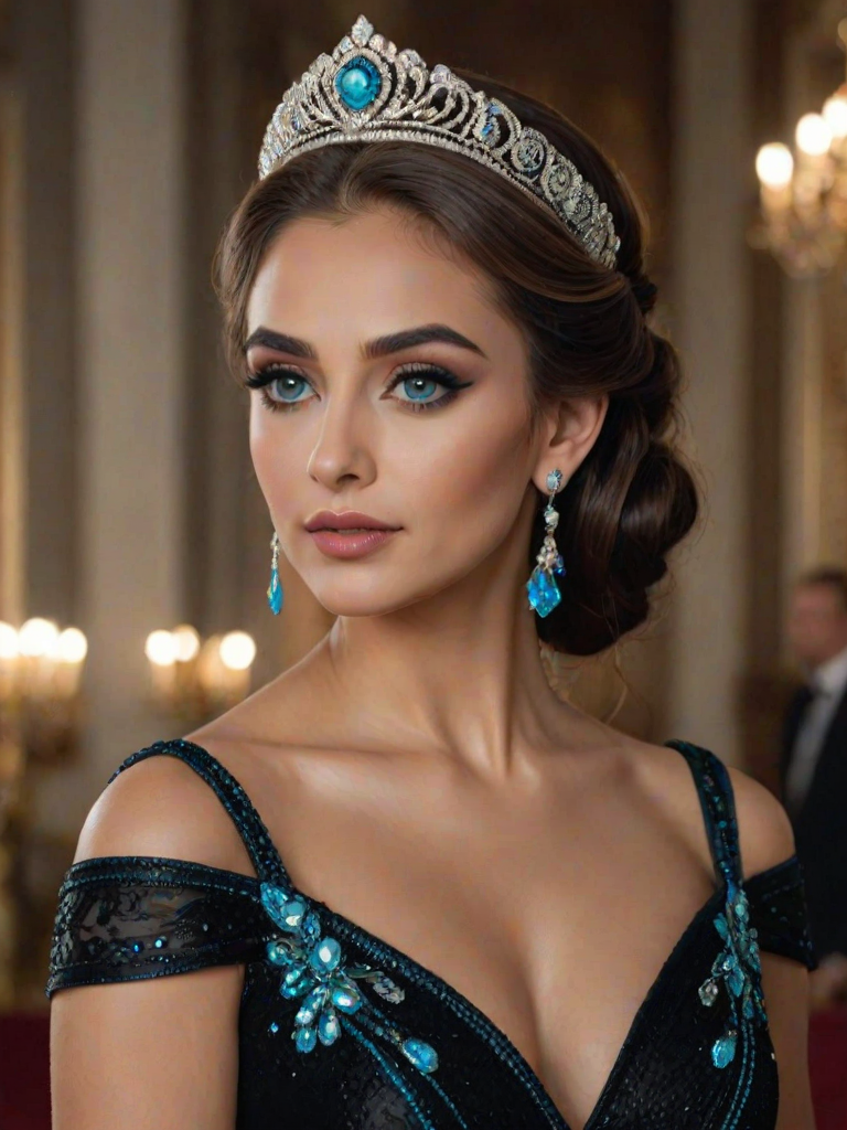 A gorgeous Azerbaijani woman in a luxurious black gown, accessorized with a dazzling tiara and statement earrings, her deep cyan eyes highlighted by impeccable makeup, poised in a royal setting, photorealistic, 8K quality