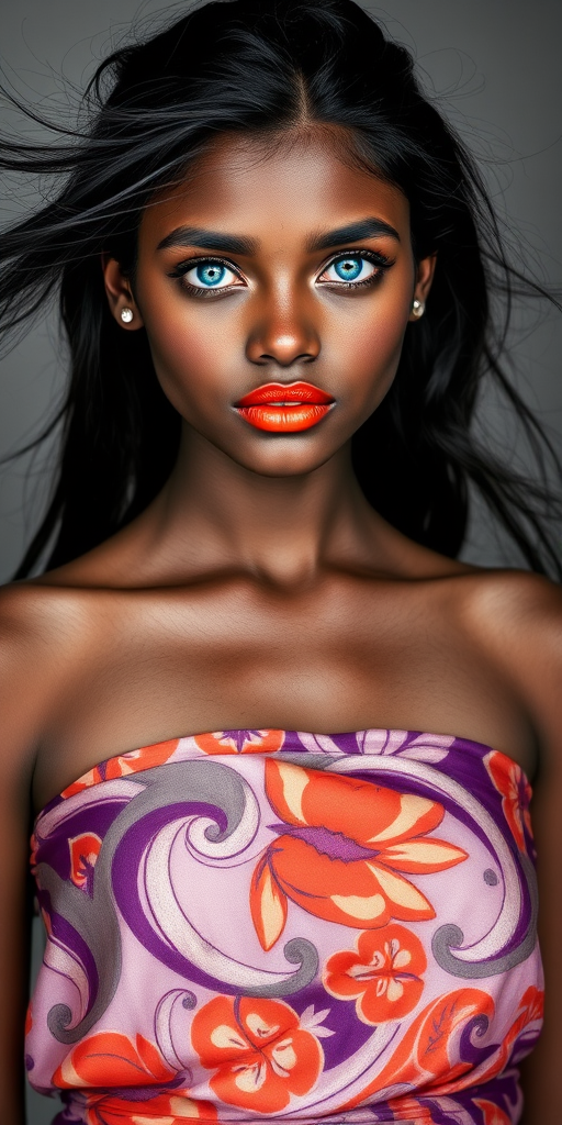 Photographic image of a beautiful young Hausa woman, cyan eyes, lips with orange lipstick, long hair fluttering in the wind and wearing a silk strapless dress with a soft purple and orange print. monochrome image with only color highlights in the iris of the eyes, lipstick and dress. Gray background.