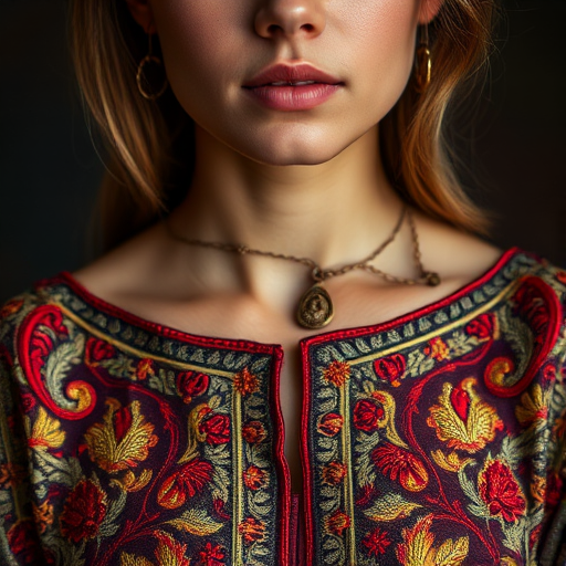 Face, shoulders, chest covered in openwork Pakistani embroidery. Raw, unedited image.