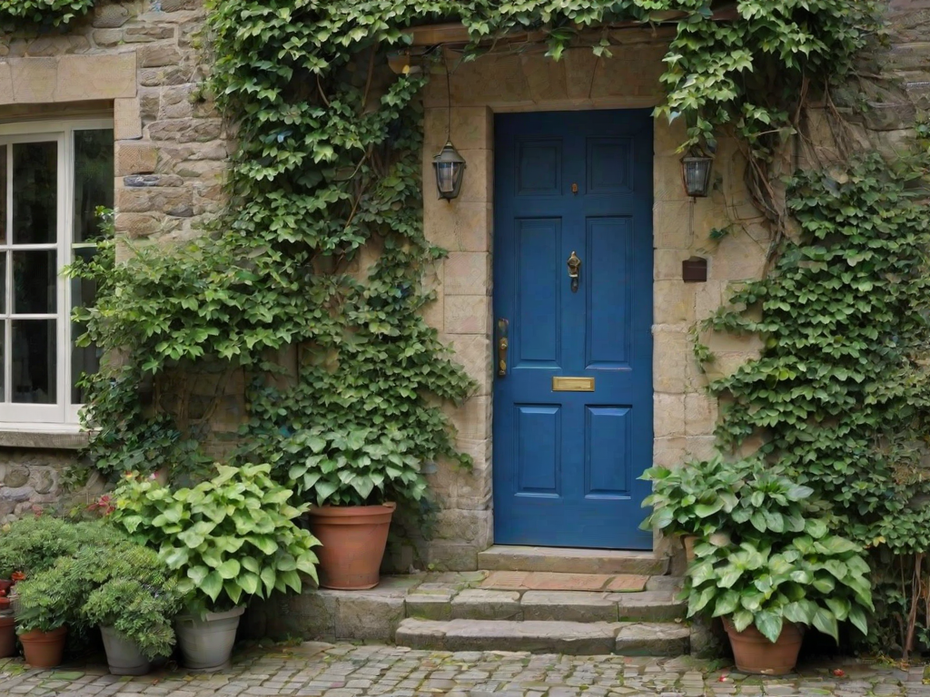 a charming stone house facade with a large wooden door, surrounded by lush green ivy and potted plants, featuring a cobblestone pathway and blue window frames