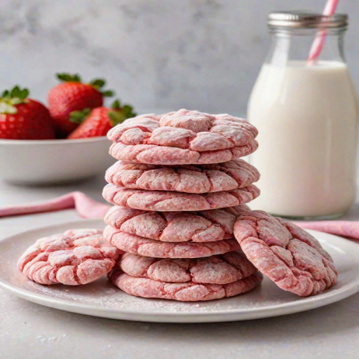 Create an image of a stack of pink crinkle cookies on a white plate, with a fresh strawberry beside them. Include a glass bottle of milk in the background and a soft, bright setting. The cookies should have a textured, powdered sugar appearance.