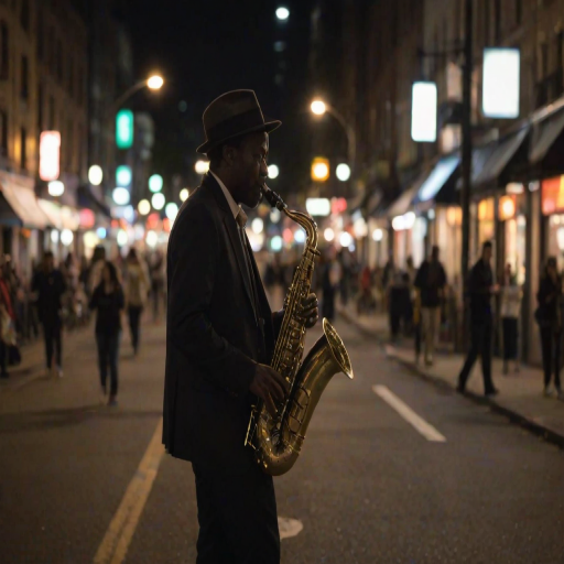 Blurry, candid shot of a street performer playing a saxophone on a busy corner, soft glow from nearby streetlights illuminating their silhouette, distant pedestrians walking by, and the sound of jazz music filling the night air.