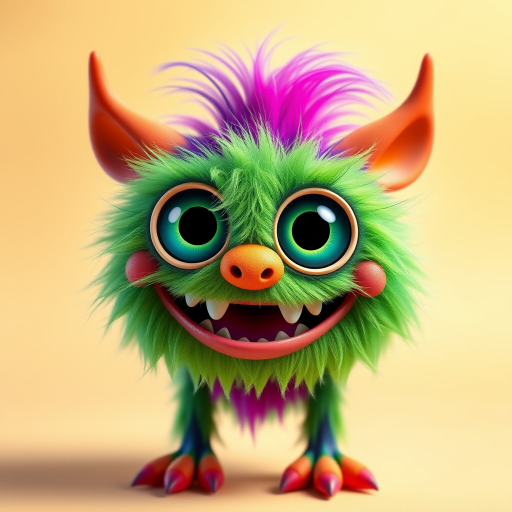 Create a colorful 3D monster character with large eyes, vibrant green fluffy fur, and playful features, set against a smooth pastel background, captured with a Canon EOS R5, 85mm lens, f/1.8 aperture, and soft natural lighting to enhance texture and detail.