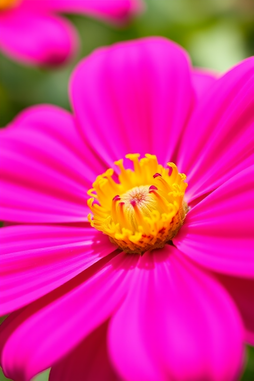 Close-up shot of a vibrant pink flower with a yellow center, shallow depth of field, f/2.8, ISO 100, 85mm lens, soft natural lighting, DSLR camera, macro photography style.