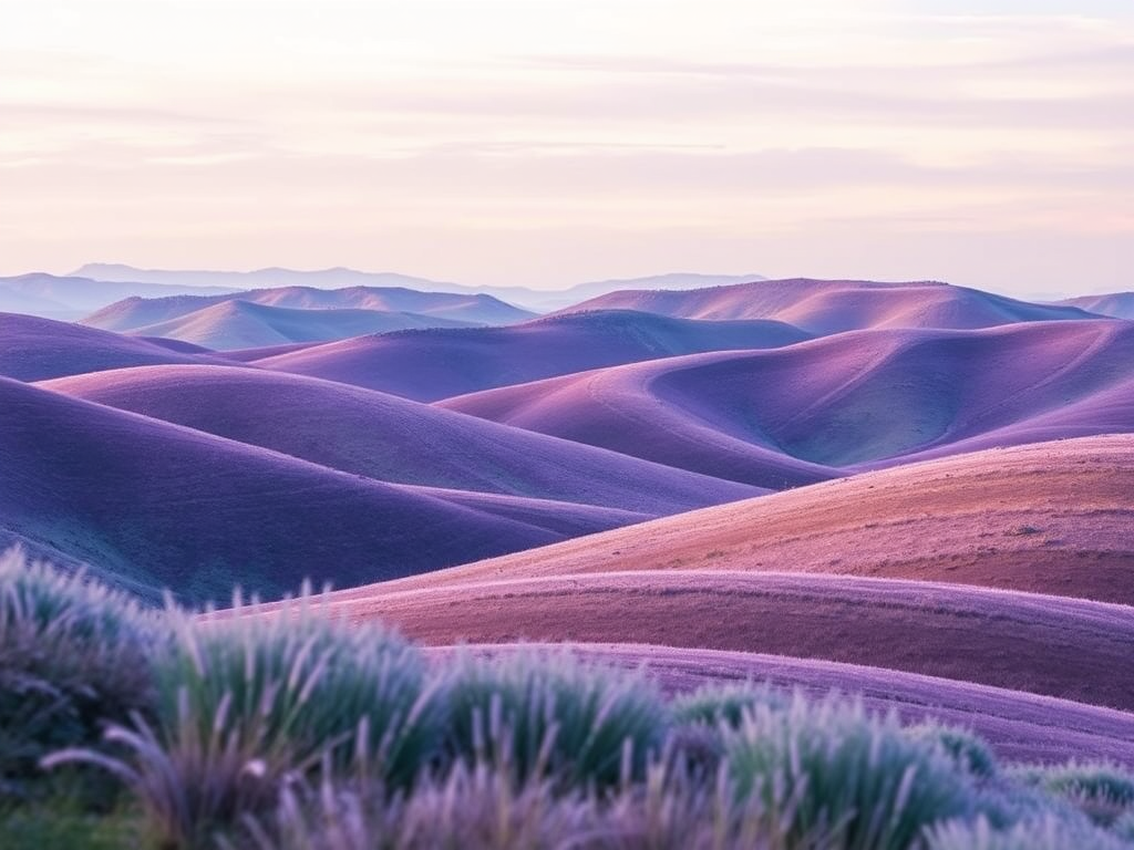 Regenerate a serene watercolor landscape featuring rolling hills with a blend of purple and blue tones under a soft sky, capture the scene with a Canon EOS R5, 50mm f/1.8 lens, aperture f/8, ISO 100, shoot from a low angle for a more immersive view, and apply a natural light style to enhance colors and details.