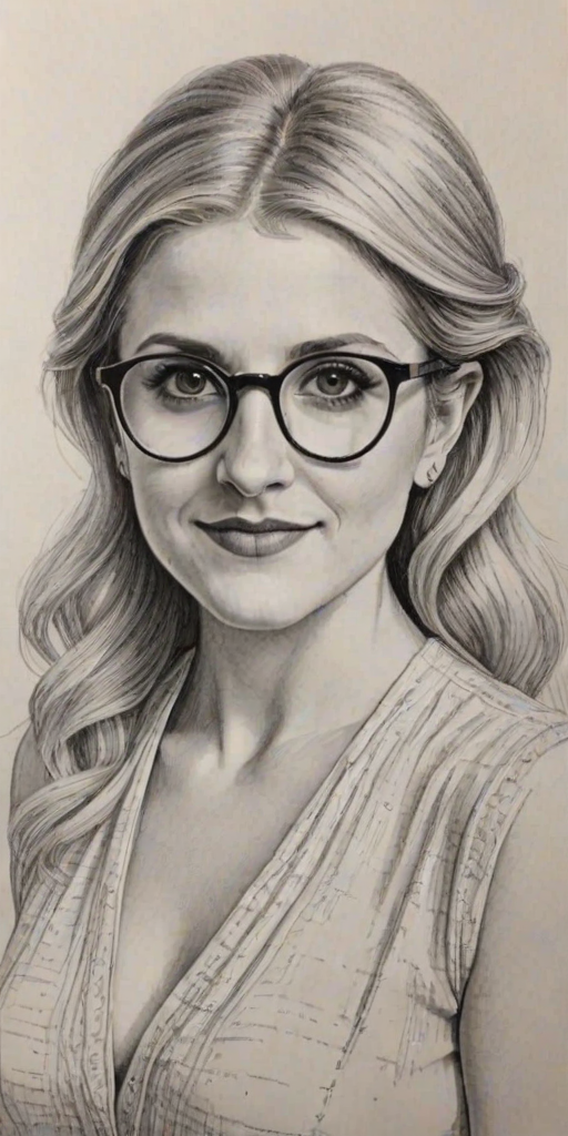 Ravishing Annaleigh Ashford, pencil sketch, portrait of Magnificent woman 1976s in glasses, hair style beatnik, outline, clear lines, fine lines, 8k