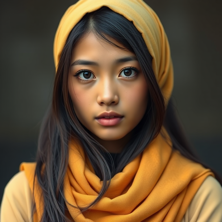 Create a portrait of a young Singaporean woman with long, dark hair and captivating hazel eyes. She is wearing a Yellow headscarf and a matching scarf draped gracefully around her neck. The background is softly blurred, focusing attention on her serene and natural expression. The overall color palette is muted and warm, enhancing the intimate and authentic feel of the portrait.