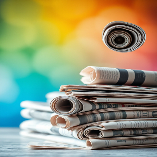 Create an artistic image of rolled newspapers stacked with a colorful gradient background, using a DSLR camera with a 50mm lens, aperture set to f/2.8, ISO 100, and a shallow depth of field to blur the background.