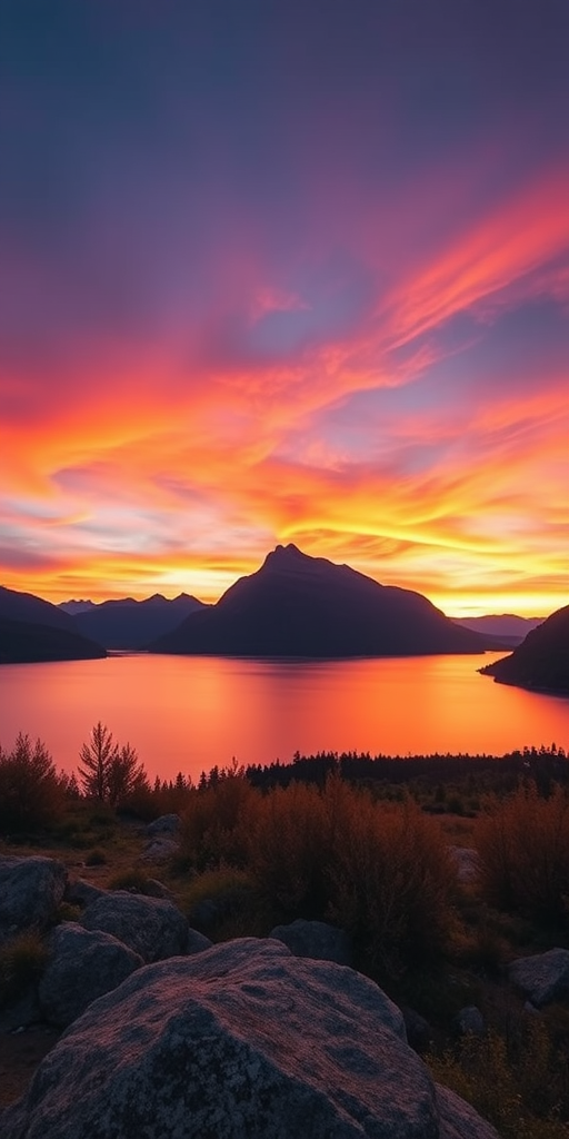Create a high-resolution image of a serene landscape with a calm lake surrounded by mountains at sunset, using a Canon EOS R5 camera, 24mm lens, f/8 aperture, ISO 100, and a 1/125 second shutter speed, capturing a wide-angle view with vibrant colors and soft lighting.