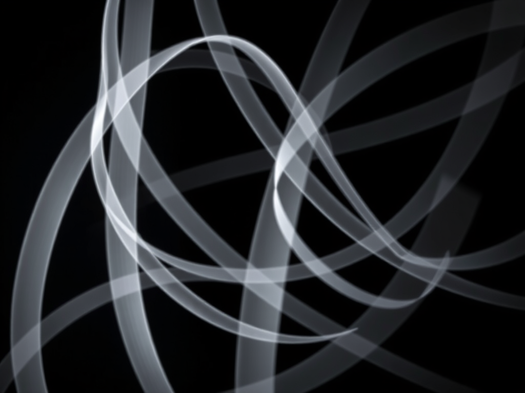 Create an abstract image of overlapping white lines and curves on a black background capturing dynamic movement, using a DSLR camera with a 50mm lens, aperture set to f/4, shutter speed at 1/125s, ISO 200, shot from a top-down perspective to enhance details and contrast.