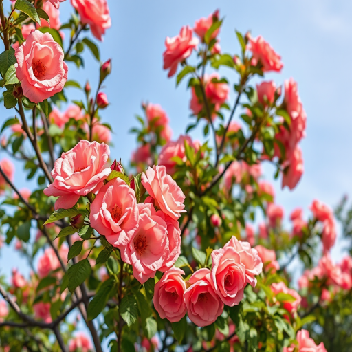 generate an illustration of a vibrant tree with blooming coral roses, focusing on detailed textures and colors, shot with a DSLR camera at f/8 aperture, 50mm lens, ISO 100, in natural daylight to enhance vividness and clarity.