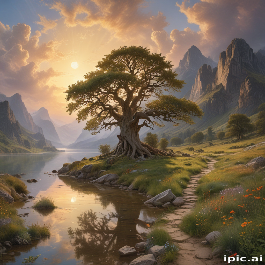 A Serene Landscape Featuring a Majestic Tree by a Tranquil Riverbank at ...
