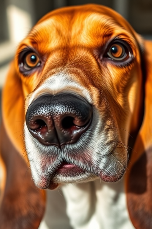 A highly detailed close-up portrait of a Basset Hound with expressive eyes and intricate fur texture, captured in natural light, using a Canon EOS R5 with a 50mm f/1.2 lens, aperture set to f/2.8 for a softly blurred background, ensuring high-resolution clarity and vibrant colors.