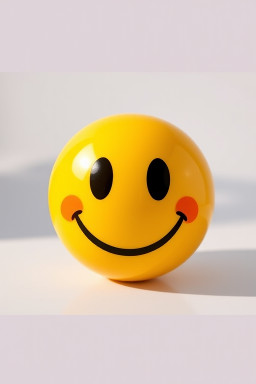 Create a high-resolution image of a smiling yellow emoji with a glossy finish, shot with a DSLR camera at f/2.8 aperture, 1/250 shutter speed, 50mm lens, in natural lighting for enhanced brightness and color vibrancy.