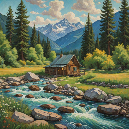 This Van Gogh-inspired painting depicts a peaceful scene of a small cabin located near a flowing river. The scene is surrounded by lush vegetation, including tall trees and rocky terrain. In the background, majestic mountains rise under a sky filled with rolling clouds. The river gently cascades over the rocks, adding a sense of movement and tranquility to the scene. The use of vibrant colors and detailed brushstrokes create a sense of depth and harmony in the natural setting.