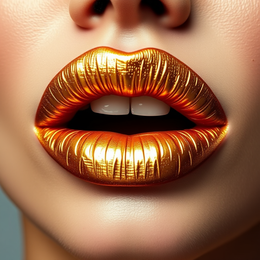 Bold metallic gold lips, shimmering and eye-catching, perfect for avant-garde fashion statements and high-impact makeup looks