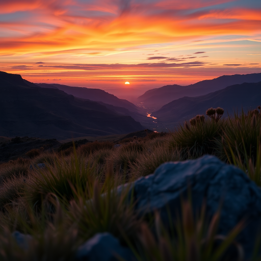 Create a high-resolution image of a serene landscape during sunrise with vibrant colors, using a Canon EOS 5D Mark IV, 24mm lens, f/8 aperture, ISO 100, 1/200 second exposure, shot from a low angle to emphasize foreground details.