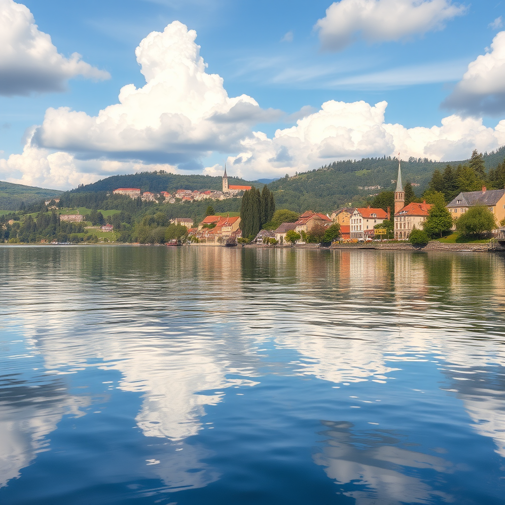Regenerate a serene lakeside landscape with a charming village in the background, showcasing fluffy white clouds reflecting on calm waters during the daytime, using a DSLR camera at f/8 aperture, ISO 100, 50mm lens, with a wide-angle view and natural lighting to enhance image clarity and color saturation.
