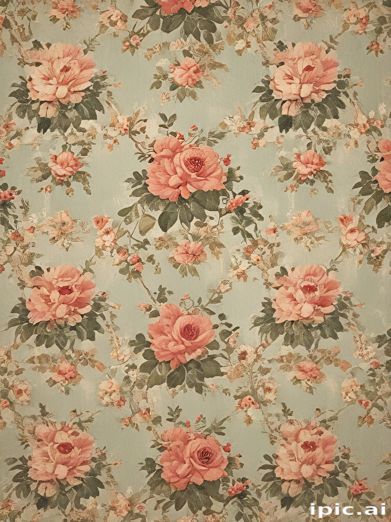 Vintage Floral Wallpaper Design Featuring Beautiful Pink Roses and Greenery